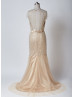 Queen Anne Neckline Champagne Beaded Tulle Floor Length Wedding Dress Luxury Dress